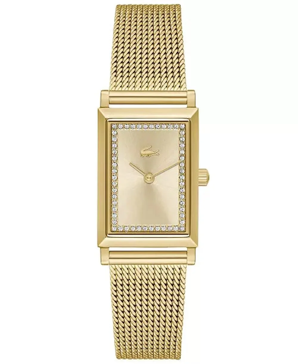 Lacoste Women Watch Gold-Tone Rectangular Tank Crystal Bezel Mesh Bracelet Gold
